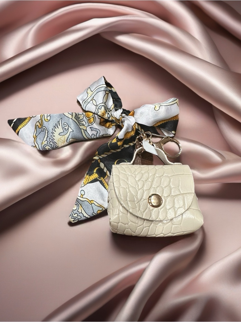 Cream Croc-Texture Mini Bag Keychain with Printed Scarf